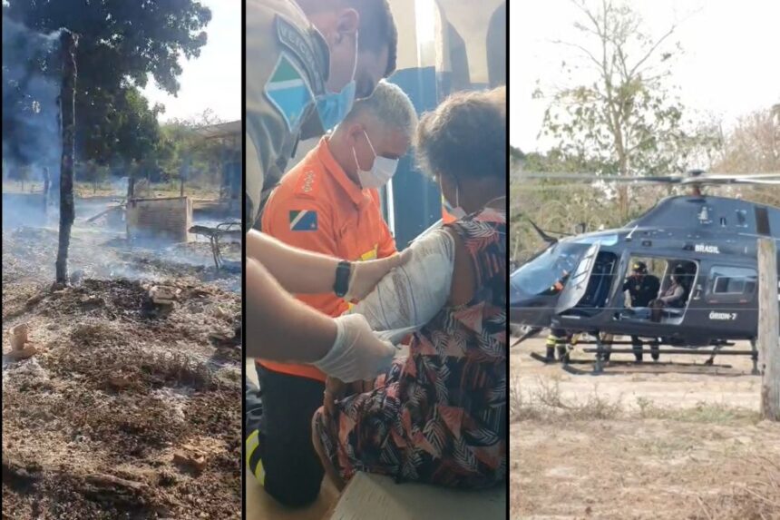 Casa incendiada. idosa com braço mobilizado e helicóptero usado no resgate no Pantanal de MS (Foto: Reprodução)