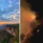 Antes e depois da paisagem do mirante tomado pelo fogo em Chapada. (Foto: Reprodução)