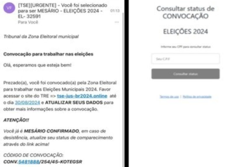 Email falso convocando mesários e site fraudulento (Divulgação/TRE)