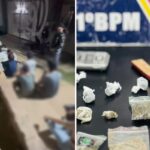 26 jovens, sendo 2 adolescentes, foram conduzidos para delegacia com drogas. (Foto: PM-MT)