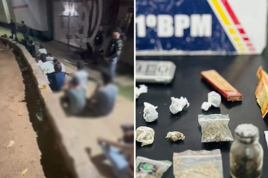 26 jovens, sendo 2 adolescentes, foram conduzidos para delegacia com drogas. (Foto: PM-MT)