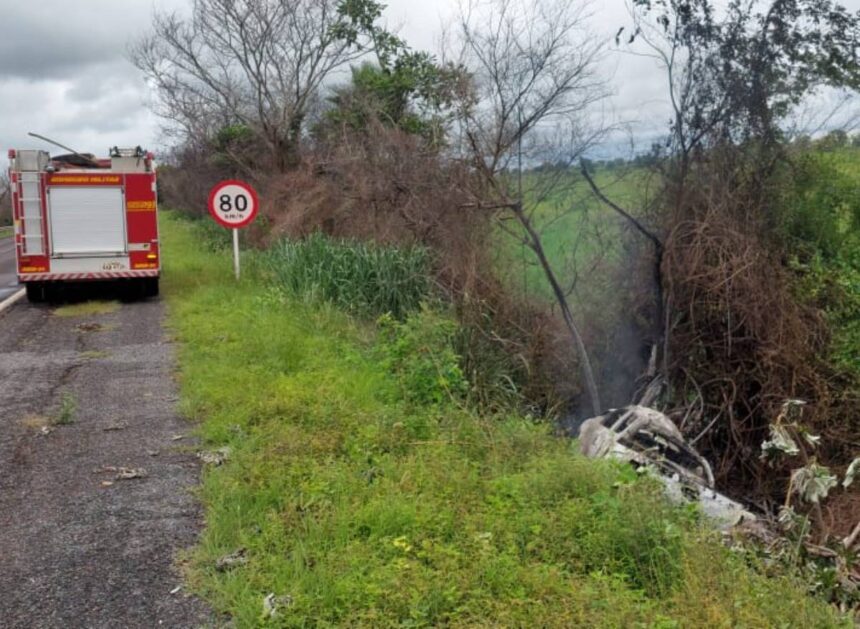 Caminhonete destruída e queimada às margens da BR-262; criança de 8 anos morreu em acidente (Foto: Divulgação)